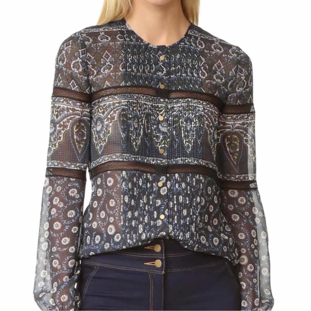 Veronica Beard Shadow Blue Daisy Lace Trim Blouse